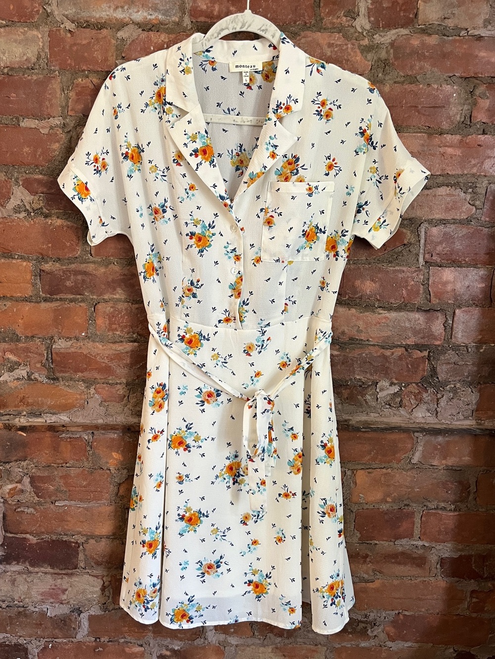 Monteau Los Angeles Floral Mini Shirtwaist Dress Cream Yellow Blue Women's Large